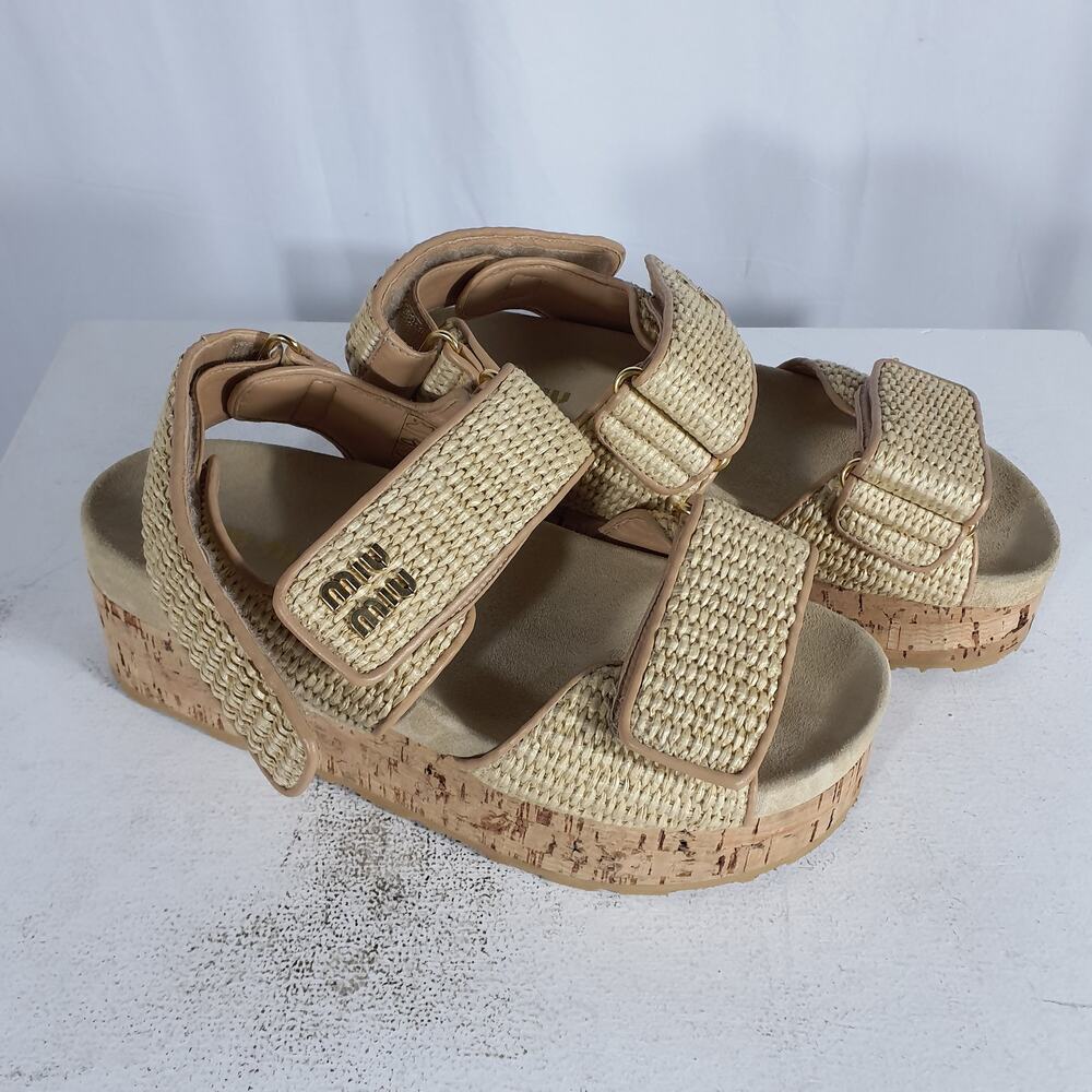 Miu Miu Beige Woven Cork Platform Sandals - Picture 3 of 8